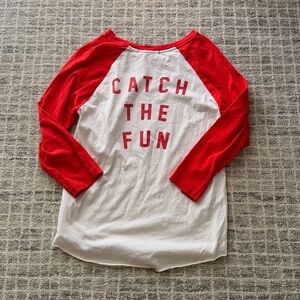AMO Red and White Raglan baseball tee, Catch the Fun graphic, size large